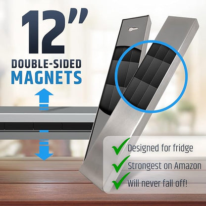 12" Premium Magnetic Knife Holder for Refrigerator (Double-Sided Heavy-Duty Magnets) - Upgraded Strip for Strong Fridge Mount - Clear Up Counter Space - 304 Anti-Rust Stainless Steel (Upgraded Design)