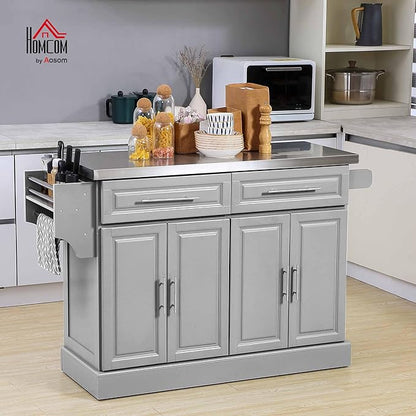 HOMCOM Rolling Kitchen Island Cart with Wheels, Portable Island Table for Kitchen with Stainless Steel Top, Adjustable Shelves, 2 Drawers, Spice, Knife and Towel Rack, Gray