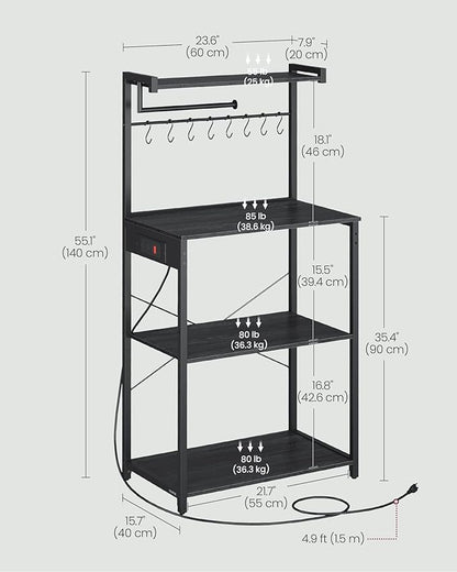 VASAGLE Kitchen Bakers Rack with Power Outlet, Coffee Bar 4-Tier with 8 S Hooks, Microwave Stand, Adjustable Shelf, for Small Spaces, Charcoal Gray and Ink Black UKKS014B01V1