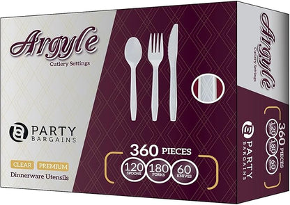Party Bargains White Plastic Cutlery 360 pcs: 180 Forks, 120 Spoons, 60 Knives. Argyle Design, Heavy Duty & Solid Disposable Silverware Utensils Combo Pack Set for Weddings, Buffets, Luncheons