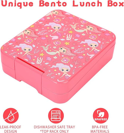 Bento Lunch Box Set for Kids with 10oz Soup Thermo, Leak-Proof Lunch Containers with 4 Compartment, Kids Thermo Hot Food Jar and Insulated Lunch Bag for Kid to School,BPA-Free(Mermaid)