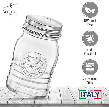 Bormioli Rocco Officina 1825 Salt And Pepper Shaker, Set Of 2, Clear, 8 Oz. Stain Resistant, Durable Glass Jars, Dishwasher Safe.