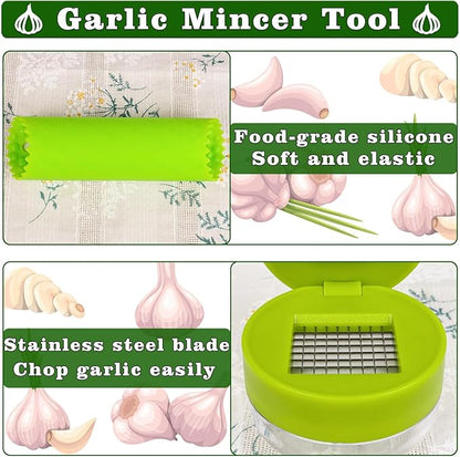 Garlic Press Stainless Steel, Garlic Mincer Tool with Storage Container, Garlic Chopper with Peeler Skin and Cleaning Brush