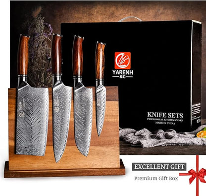 YARENH Knife Set with Magnetic Block 5 Piece, Professional Kitchen Knife Set, 73 Layers Damascus High Carbon Stainless Steel, Natural Sandalwood Handle, Sharp Chef Knife