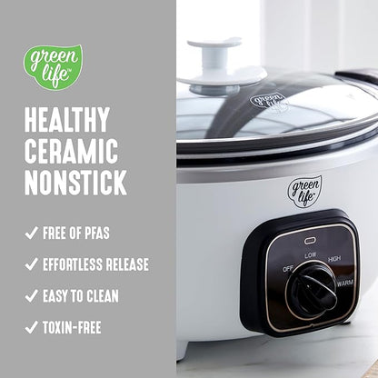 GreenLife 3.5QT Slow Cooker, Non-Toxic PFAS-Free Ceramic Nonstick Removable Interior Bowl, Programmable, Keep Warm, Stovetop & Oven Safe, Dishwasher Safe Parts, Glass Lid, White