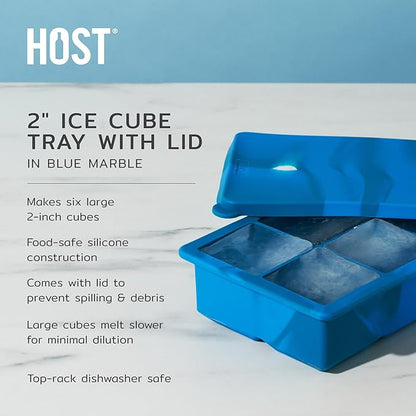 Host Ice Cube Tray with Lid, Makes 6 Large 2" Cubes, Durable Silicone Trays, Perfect for Cocktails, Beverages, Mocktails, Iced Coffee, Tea, Infused Water, Kitchen Essentials, Set of 1, Blue Marble