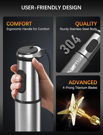 Immersion Blender Handheld GAVASTO Hand Blender,20 Speeds and Turbo Mode Hand Mixer, 3-in-1 Heavy Duty Copper Motor Stainless Steel
