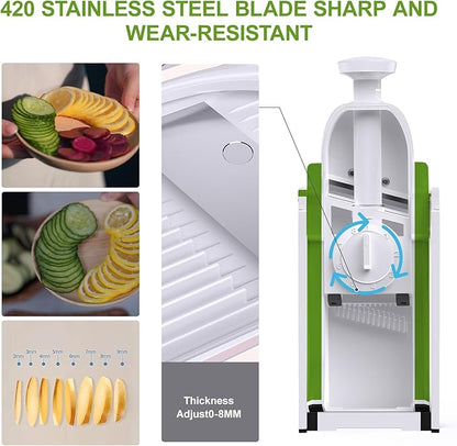 Safe Mandoline Slicer for Kitchen, Potato Slicer, Meal Prep, Adjustable/Easy to Clean/Storage, Kitchen Chopping Artifact, Paring Knife/Cleaning Brush (only Slice, Avocado Green)