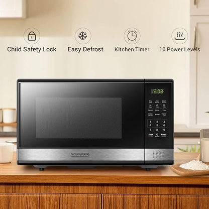 BLACK+DECKER EM031MB11 Digital Microwave Oven with Turntable Push-Button Door, Child Safety Lock, 1000W, 1.1cu.ft, Black & Stainless Steel, 1.1 Cu.ft