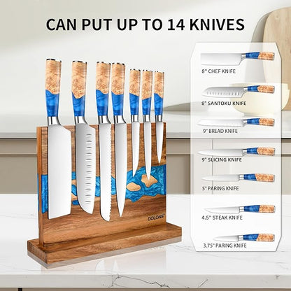 Magnetic Knife Block, Thickened Acacia Wood Resin Kitchen Knife Holder Stand with Strong Magnets, Multifunctional Double Side Knife Storage Organizer for Kitchen Counter