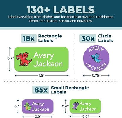 Personalized Daycare Name Labels for Kids (130 Labels) - Custom Waterproof Name Stickers for Clothing Tags, Water Bottles, Lunch Boxes and School Supplies (Dragons)