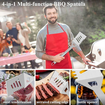 ROMANTICIST 25pcs Extra Thick BBQ Grill Accessories, Fathers Day Grilling Gifts Set for Men Dad, Heavy Duty Grill Tools Utensils Kit with Spatula, Tongs in Aluminum Case for Birthday Silver