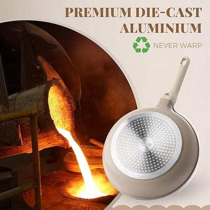 PRICUSIS Nonstick Frying Pan, 8/10/12 Inch Skillet with Stay Cool Handle, Stain/Scratch/Crack Proof, Induction Compatible & Oven Safe, Dishwasher Safe, PTFE & PFOA Free(10-Inch, Natural Linen)