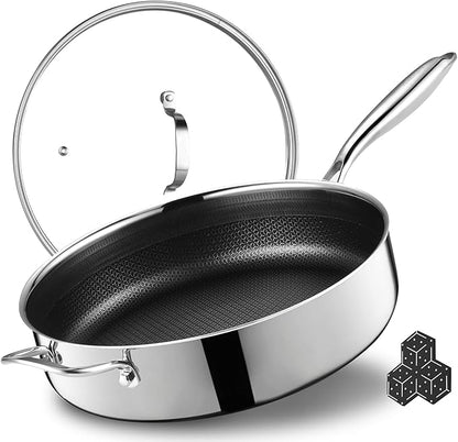 12 Inch Frying Pan Nonstick with Lid, 5.6QT Hybrid Ceramic Deep Saute Pan & Skillet, Tri-Ply Stainless Steel for Even Heat, PFOA/PFOS Free, Induction & Oven Safe