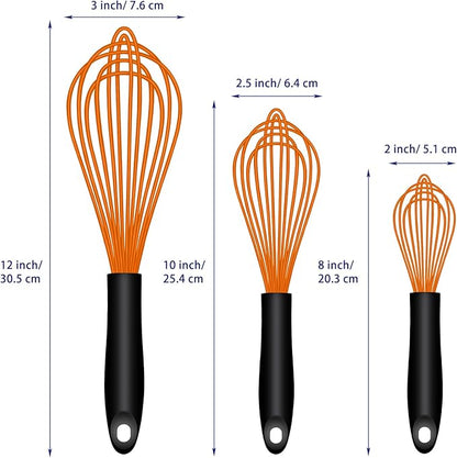 Dishwasher Safe Orange Silicone Whisk, Sealed Waterproof Design Set of 3, Professional Kitchen Whisks for Cooking Non-Scratch, Silicone&Stainless Steel Whisk, Heat Resistant Plastic wisk, BPA free