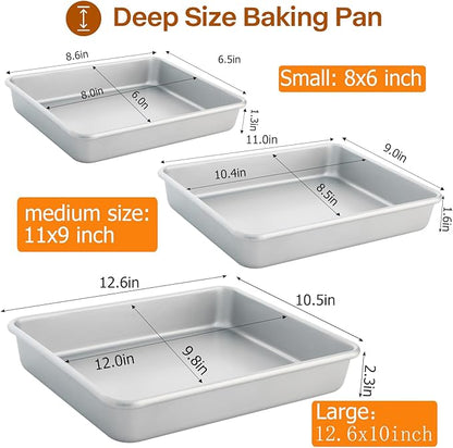 Deep Baking Pans Set of 3, Rectangle Cake Pan Nonstick, Heavy Duty Thick Bakeware Lasagna Pan for Toaster Oven, 9/11/13 Inch Tray for Brownie, Siliver