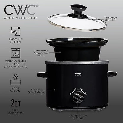 COOK WITH COLOR 2QT Mini Electric Round Slow Cooker - Adjustable Settings, Removable Stoneware Pot, Tempered Glass Lid, Dishwasher Safe, Cool-Touch Side Handles, Black