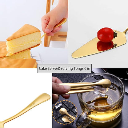 6 PCS Stainless Steel Serving Utensils, Large Serving Spoons Slotted Spoons, Forks, Ice Suger Tongs, Cake Server, Soup Ladle, Metal Utensils Set Great for Buffet Catering Banquet Party, Gold