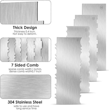 4 Pcs Stainless Steel Cake Scraper 10 Inch Metal Scraper for Cake Smoother Cake Decorating Comb Contour Double Sided Patterned Edge Stripe Tool Cake Cutter for Mousse Cream Pastry Baking