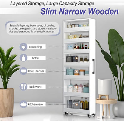 7-Tier Slim Storage Cart, Wooden Rolling Pantry Cabinet with Wheels, Narrow Shelf Organizer for Kitchen, Bakers Rack, Dining Room, Closet, Small Spaces Dark Walnut 73.2" H*7.8" W*23.6" D