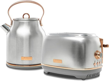 Haden Heritage 4 Slice Wide Slot Stainless Steel Toaster Bundled with 1.7 Liter Stainless Steel Electric Water Kettle, Steel & Copper