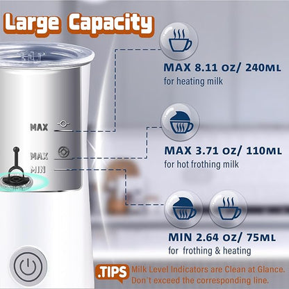 Simple Milk Frother, 2 in 1 Milk Steamer and Frother, Electric Milk Steamer, Milk Warmer and Hot Milk Foam Maker for Latter, Macchiato, Cappuccinos (White)