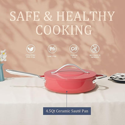 Nonstick Ceramic Sauté Pan with Lid (4.5 qt, 11") Deep Frying Pan for All Cooktops Non Toxic Skillet PTFE/PFAS Free Dishwasher & Oven Safe up to 500°F w/Stainless Steel Handle, Fusion Red