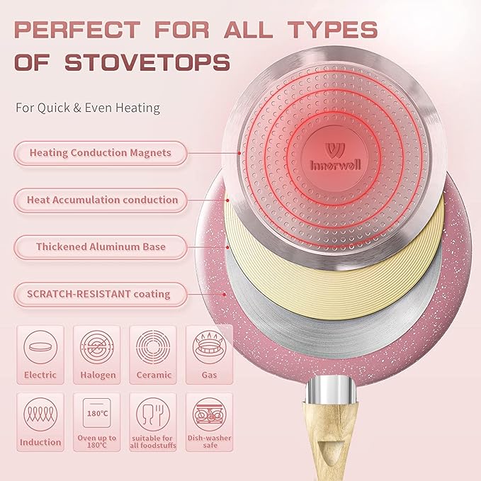 Frying Pan Nonstick, 11 Inch Pink Egg Pan, Non Stick Fry Pan 100% PTFE PFOA-Free Omelet Pan, Toxin-Free Skillets Stone Cookware, Anti-Warp Base with All Stove Tops Available, Induction Compatible