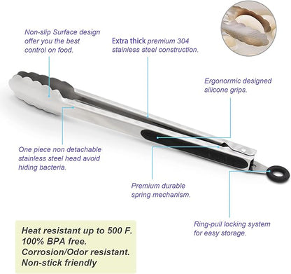 304 Stainless Steel Kitchen Cooking Tongs, 9" and 12" Set of 4 Sturdy Grilling Barbeque Brushed Locking Food Tongs with Ergonomic Grip, Black