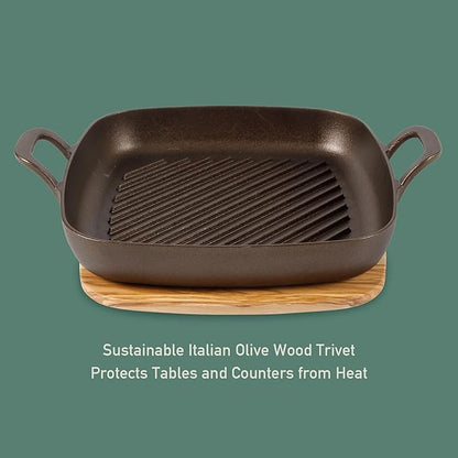 Bloomhouse Natural Bronze Finish 12-Inch Square Cast Iron Grill Pan – Olive Oil Treated Surface with Dual Handles & Olive Wood Trivet, Oven, Grill & Campfire Safe