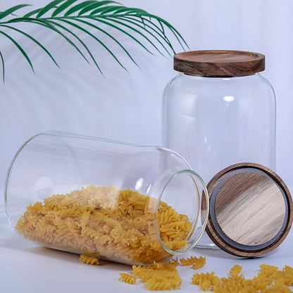 Large Glass Jar with Airtight Lid 94 FL OZ Glass Canister Set Wooden Lids Glass Food Storage Containers for Kitchen Counter Flour Tea Coffee Beans Sugar Cookies Overnight Oats (2pcs 2.8L)