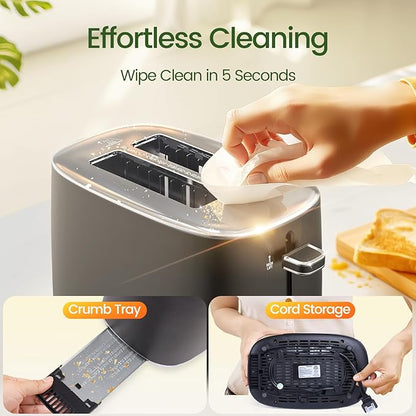 Topzee Toaster 2 Slice, Wide Slot for Toasting Bagel Muffin Waffle Gluten Free Breads, 7 Shade Settings, Defrost & Reheat, Stainless Steel, Easy Clean, Black