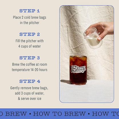 Bizzy Organic Cold Brew Coffee | Dark & Bold Blend | Coarse Ground Coffee | Dark Roast | Micro Sifted | Specialty Grade | 100% Arabica | Brew Bags | 4 Count | Makes 14 Cups