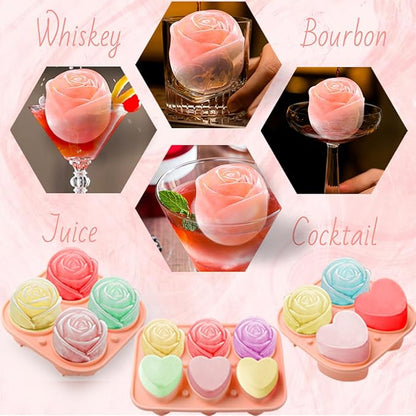 Silicone Ice Cube Trays for Freezer, 2 Pack Cute Ice Cube Tray with Lid,Rose Ice Mold and Heart Ice Mold Make 6 Giant Cute Flower Shape Ice for Cocktails Whiskey Bourbon,Father's day gifts