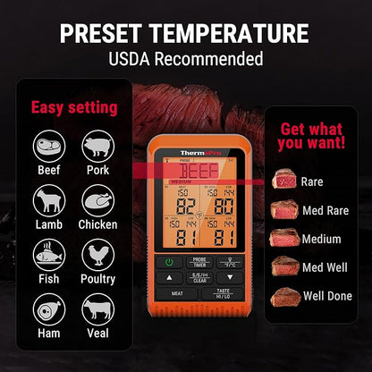 ThermoPro TP829 1000ft Wireless Meat Thermometer Digital for Grilling and Smoking, 4 Meat Probes Grill Thermometer for Outside Grill, BBQ Thermometer for Cooking Turkey Temperature Indicator