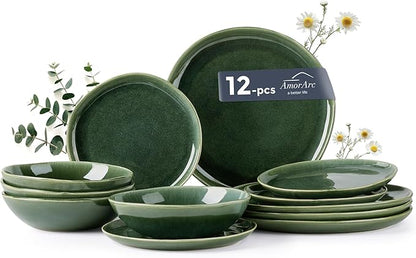 AmorArc Ceramic Dinnerware Sets,Handmade Reactive Glaze Stoneware Plates and Bowls Set,Highly Chip and Crack Resistant | Dishwasher & Microwave Safe Dishes Set,Service for 4 (12pc)