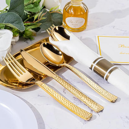 WELLIFE 50 Pack Gold Plastic Silverware with Pre Rolled Napkins,Gold Disposable Utensils, Includes: 50 Forks,50 Knives,50 Spoons,50 Napkins,gold Silverware Disposable for Thanksgiving