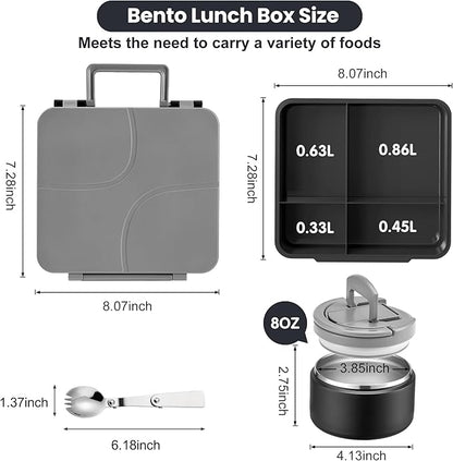 Bento Lunch Box for Kids with 8oz Soup Thermo,Kids Leakproof Lunch Food Containers with 4 Compartment,Kid Insulated Thermo Hot Food Jar for School,Trvael-Black