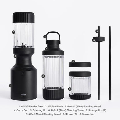 Beast Mighty 850 Plus | Premium Compact Personal Blender | Smoothies, Shakes, Dressings, Sauces | Blends Ice and Frozen Fruit | New XL Vessel | Extra Vessels, Lids and Straws | 850W (Carbon Black)