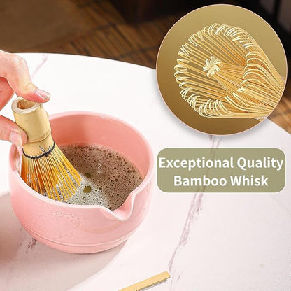 Matcha Tea Set, 5-Piece Ceramic Matcha Bowl & Whisk Kit with Cute Cat Pattern, Traditional Japanese Chawan, Scoop & Sifter, Perfect for Tea Ceremony, Gift for & Tea Lovers (pink)