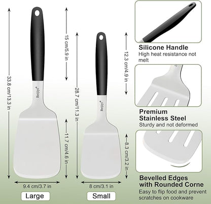 Beijiyi Stainless Steel Spatulas, 2 Pcs Metal Spatula Set for Cooking with Silicone Handle, Heavy Duty Turner for Cast Iron Skillet, Flat Top Grills, Kitchen Utensils for Steak, Pancake, Smash Burger