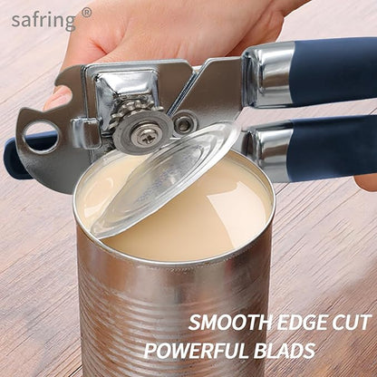 Can Opener Manual, Handheld Strong Heavy Duty Stainless Steel Can Opener, Comfortable Handle, Sharp Blade Smooth Edge, Can Openers with Multifunctional Bottle Opener, Blue