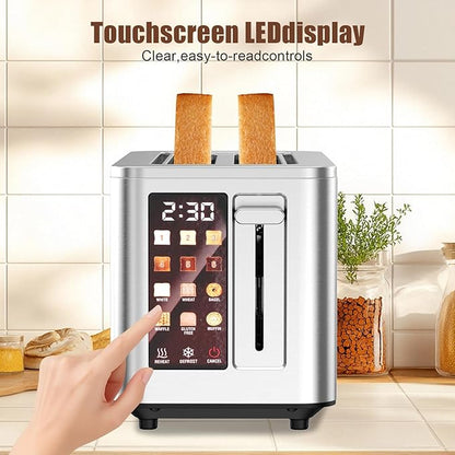 Touch Screen Toaster 2 Slice, Stainless Steel Toasters Digital Timer 2 Slot Toasters, 6 Shade Settings 6 Bread Types for Bagel,Defrost（304 Stainless Steel）