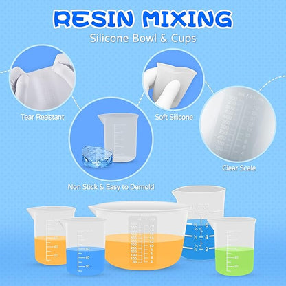 Silicone Resin Mixing Measuring Cups for Resin Supplies, 600ml/20oz Bowl, 250 & 100ml Thickened Reusable Silicone Cups for Epoxy Mixing, with Stir Sticks and Pipettes, Jewelry Making