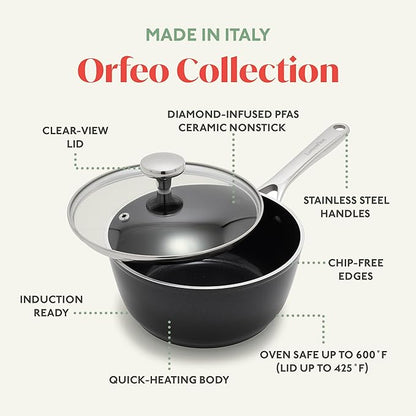 Orfeo 2.4QT Nonstick Saucepan with Lid, Made in Italy, Diamond Ceramic PFAS-Free Cookware, Induction Ready, Scratch Resistant, Laser-Fused Surface for Durability, Dishwasher Safe, Black