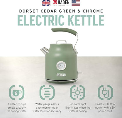Haden Dorset 1.7 Liter Stainless Steel Electric Kettle, Hot Water Kettle with 360-Degree Base and Auto Shutoff, Cedar Green & Chrome