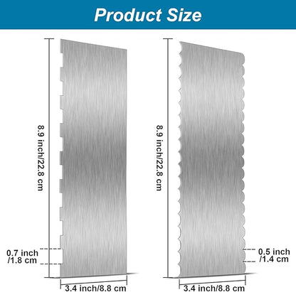 2 Pieces Stainless Steel Cake Scraper Large Double Sided Patterned Edge Stripe Edge Smoother Scraper Cake Decorating Comb Pastry Cutter for Mousse Butter Cream Decoration(9 x 3.4 Inches)