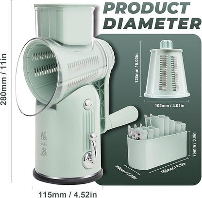 ZHANG XIAO QUAN SINCE 1628 5-in-1 Interchangeable Blades Rotary Cheese Grater Hand Crank, Cheese Shredder Mandoline Vegetable Julienne Slicer Cutter Nut Chopper with Anti-Slip Base, Green