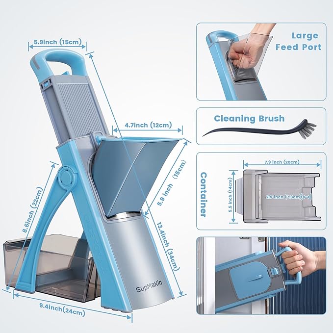 SupMaKin Upgrade Safe Mandoline Slicer Plus, Vegetable Chopper, Potato Slicer, Food Slicer Onion Chopper, Fry Cutter, Veggie Salad Dicer Kitchen Chopping Artifact Gifts (Blue)