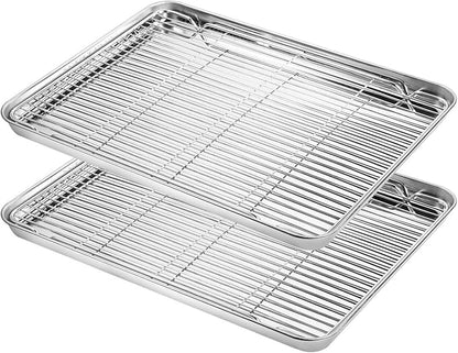 Baking Sheet with Cooling Rack Set (2 Pans + 2 Racks), Yododo Stainless Steel Baking Pan Cookie Sheet Cookie Pan with Rack, Size 16 x 12 x 1 Inch, Mirror Finish & Non Toxic & Heavy Duty & Easy Clean